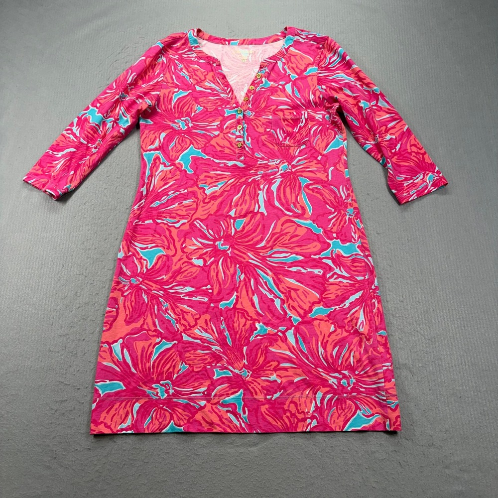 Lilly Pulitzer Marlowe T-Shirt Dress Womens L Pink Floral Pima Cotton 23162